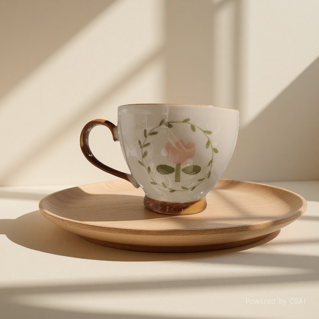 White ceramic teacup, pink flowers, green vine pattern, brown handle base with a shallow wooden tray Application Scenario