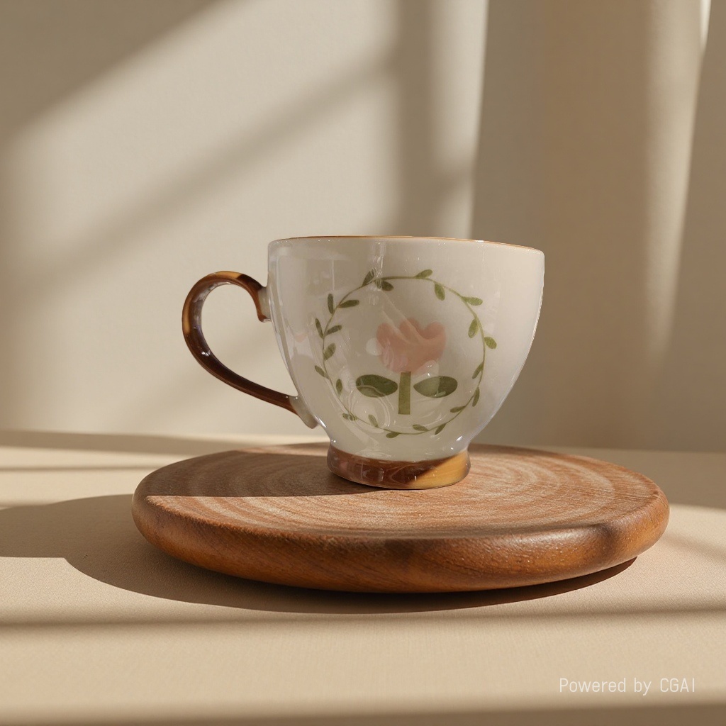 White ceramic teacup, pink flowers, green vine pattern, brown handle base with a shallow wooden tray details Picture