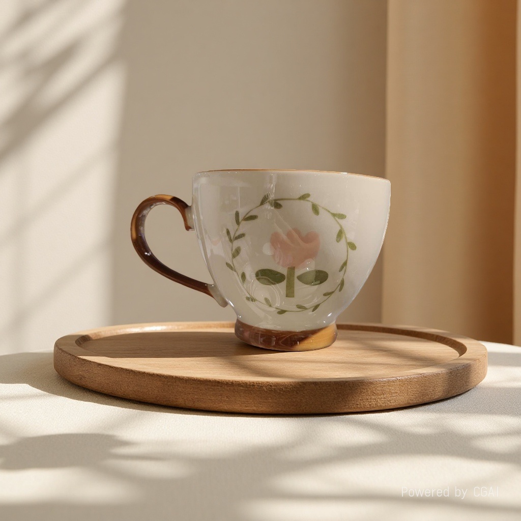 White ceramic teacup, pink flowers, green vine pattern, brown handle base with a shallow wooden tray