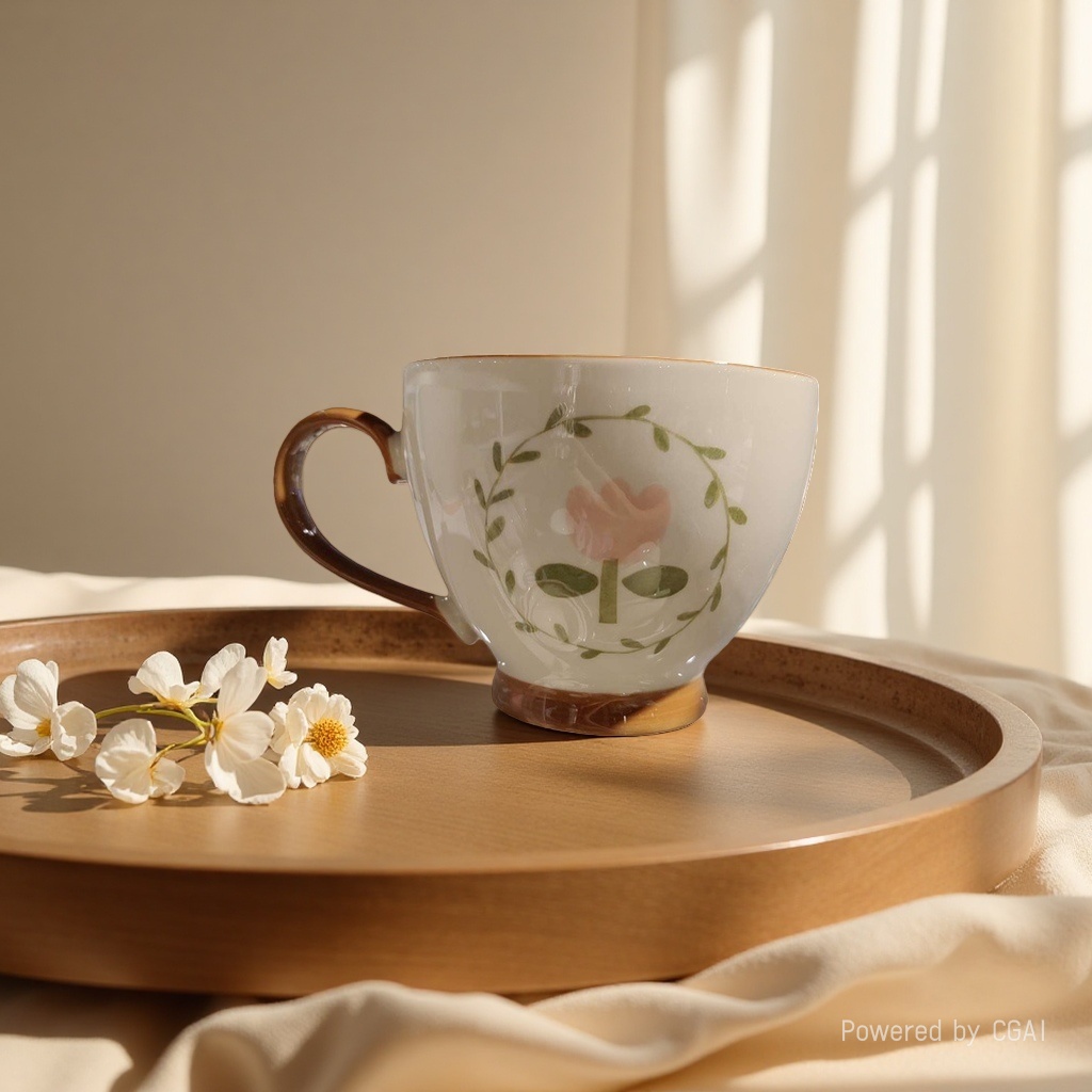 White ceramic teacup, pink flowers, green vine pattern, brown handle base with a shallow wooden tray Specification image