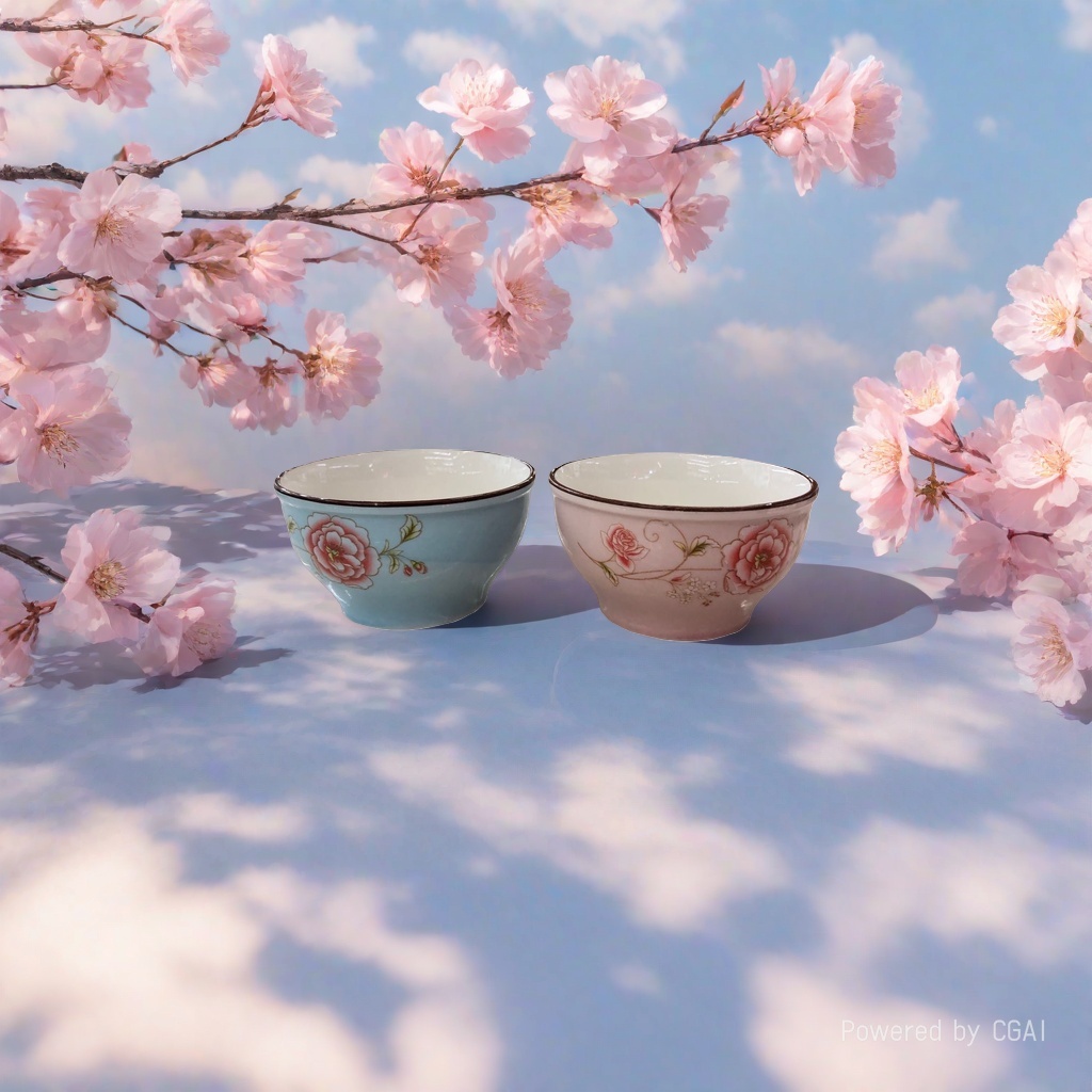 三才盖碗璞玉瓷蓝色粉色花卉图案陶瓷茶碗