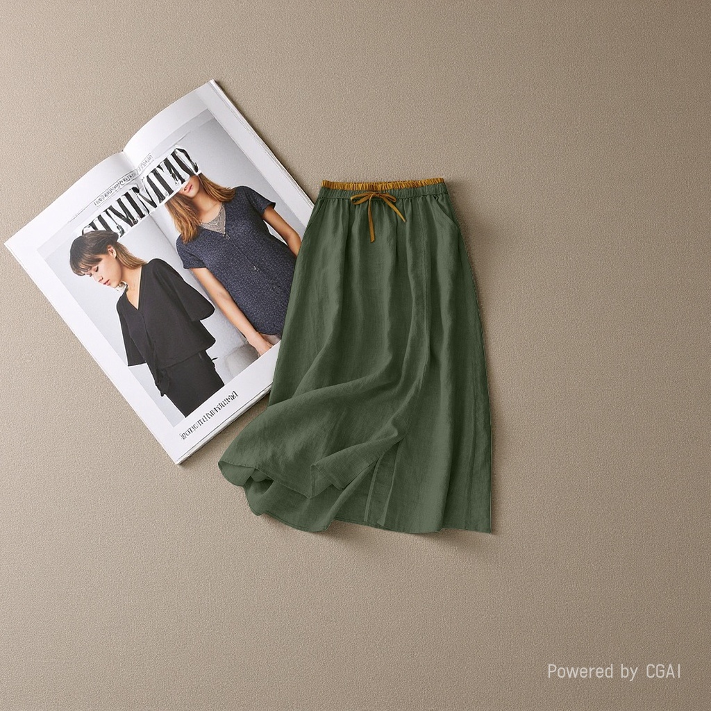 The new cotton and linen mid-length women's skirt is loose and retro. It is a mid-length high-waisted linen long skirt with an artistic and casual style details Picture