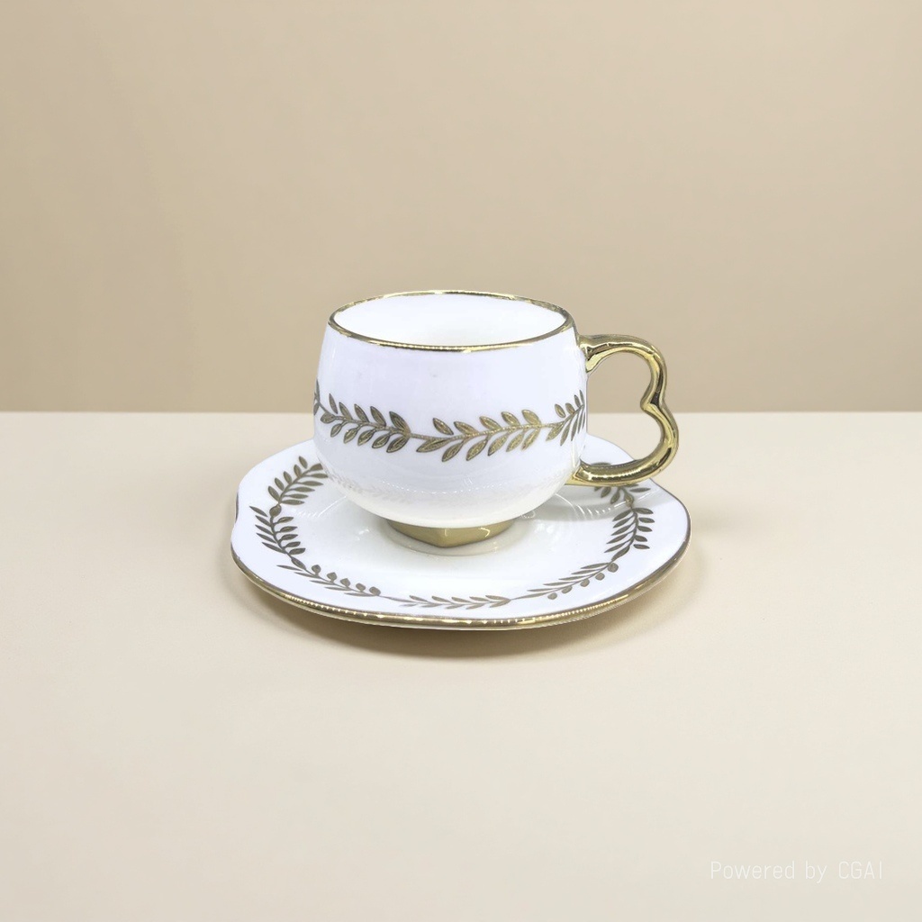 A white tea cup with golden leaf patterns and a set of hotel supplies and tableware Specification image
