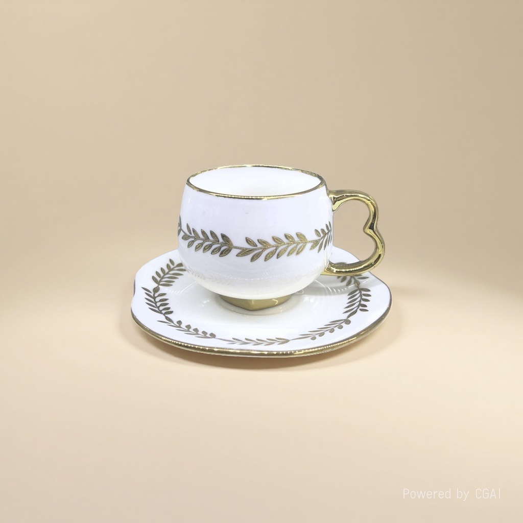 A white tea cup with golden leaf patterns and a set of hotel supplies and tableware Application Scenario