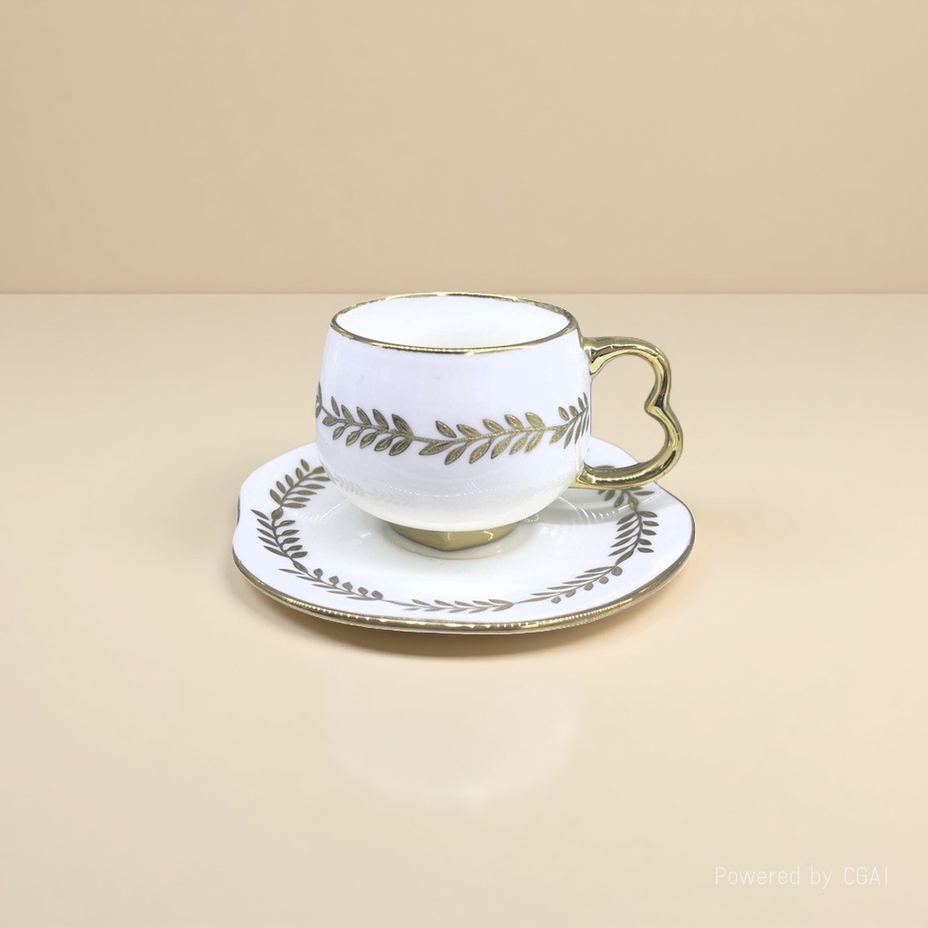 A white tea cup with golden leaf patterns and a set of hotel supplies and tableware details Picture