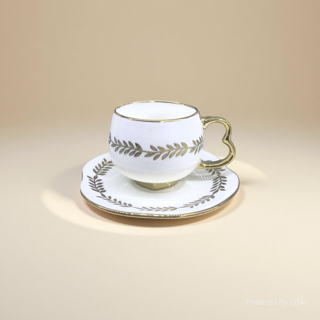 A white tea cup with golden leaf patterns and a set of hotel supplies and tableware