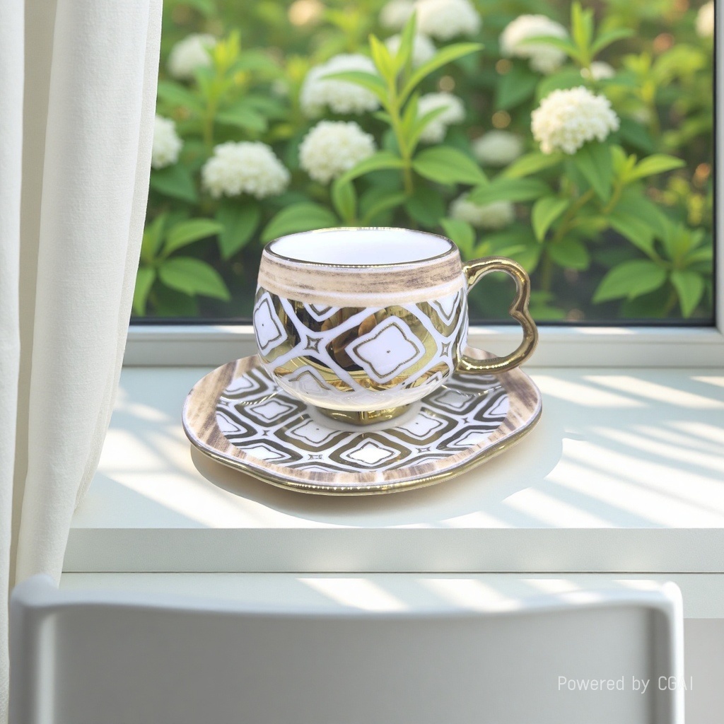 Golden patterned relief ceramic tea set, white porcelain jadeite teapot with cups and saucers
