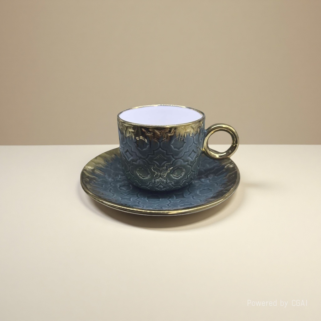 A portable hand-held coffee machine with blue and gold patterned coffee cups and saucers