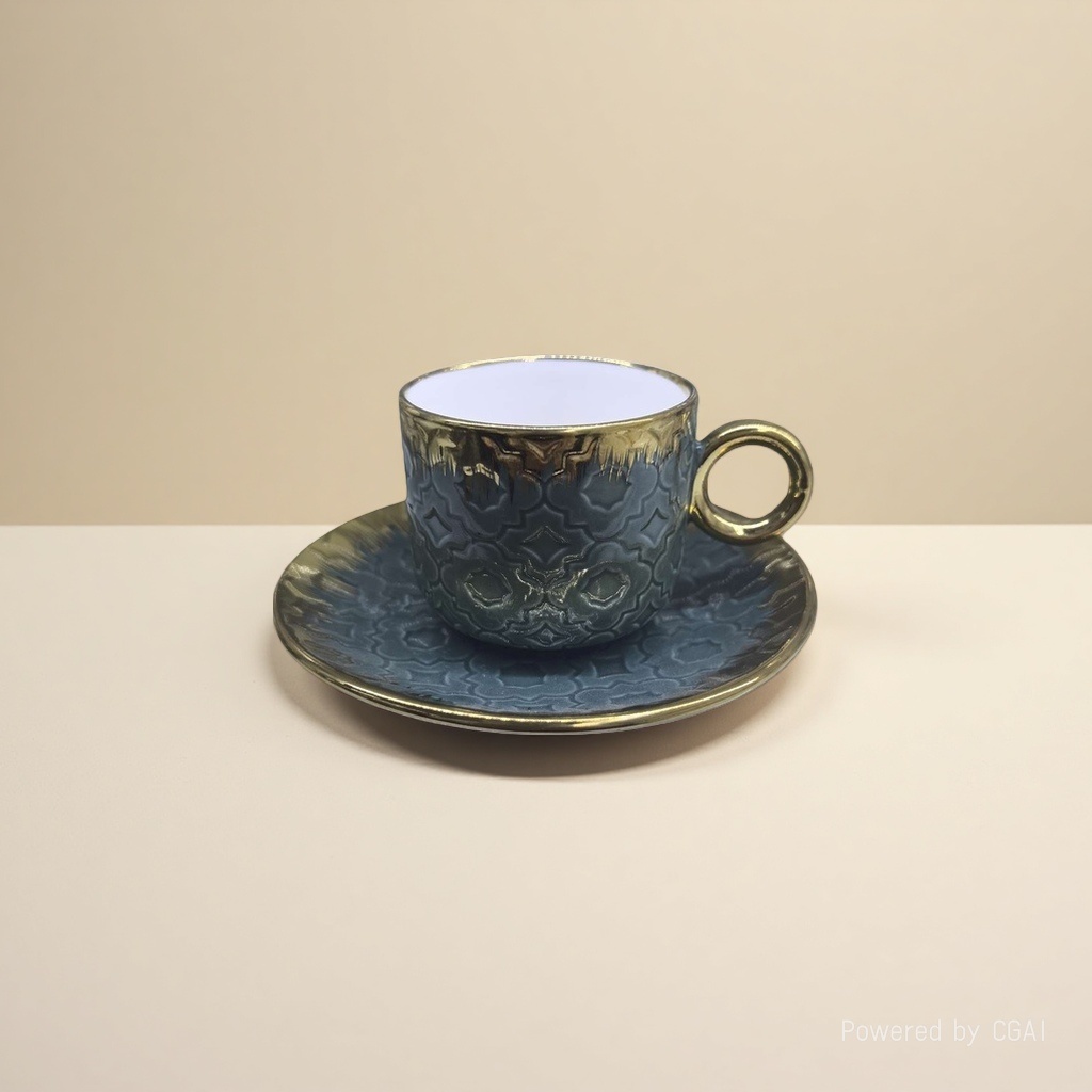A portable hand-held coffee machine with blue and gold patterned coffee cups and saucers Specification image