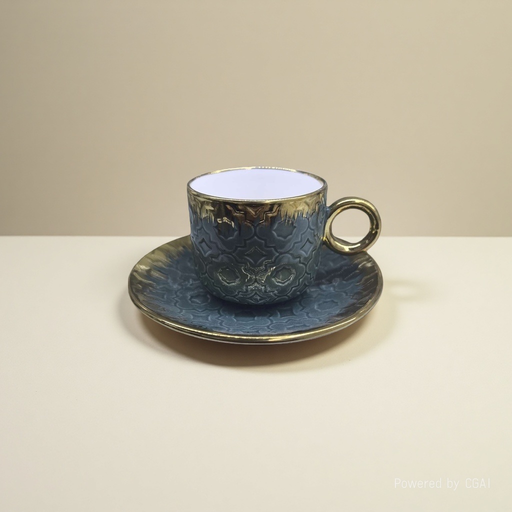 A portable hand-held coffee machine with blue and gold patterned coffee cups and saucers details Picture