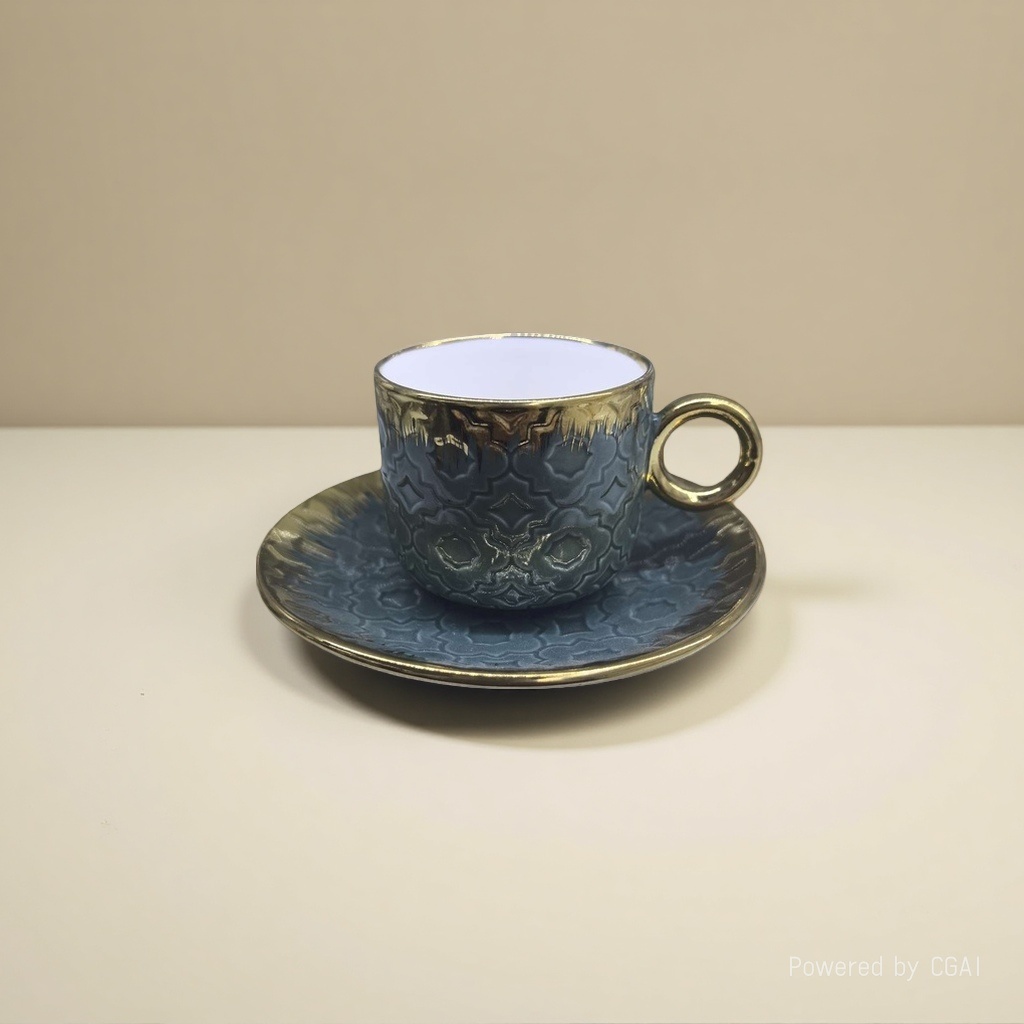 A portable hand-held coffee machine with blue and gold patterned coffee cups and saucers Application Scenario