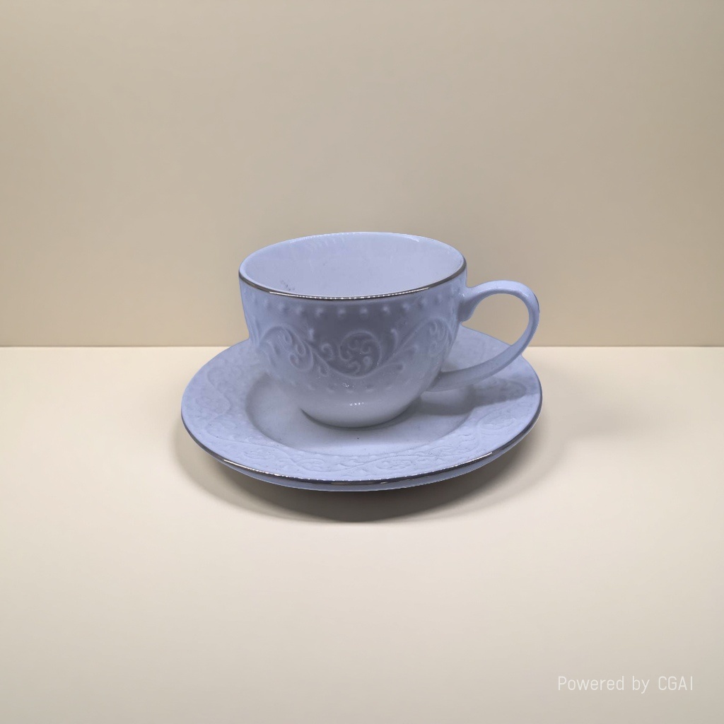 White carved and relief ceramic cup with plate, hand-molded flower craft ceramic vase details Picture