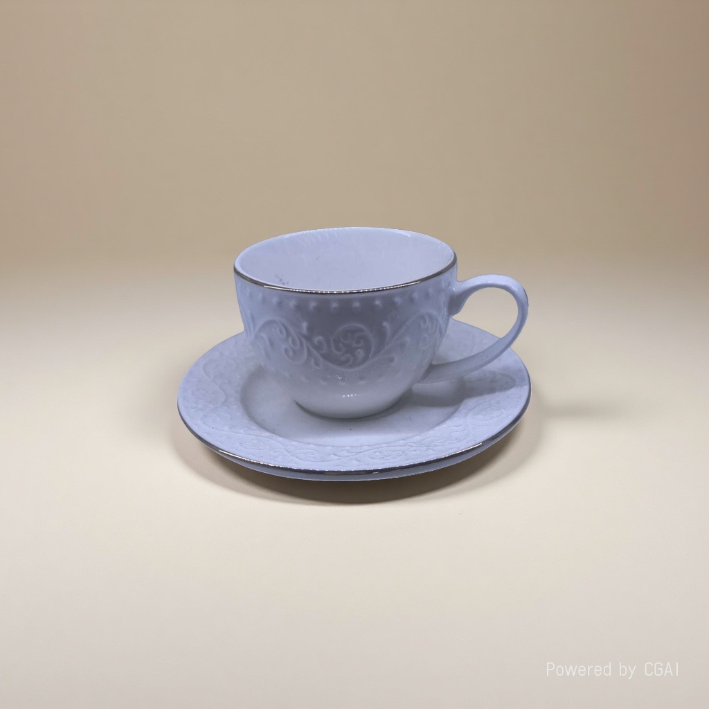 White carved and relief ceramic cup with plate, hand-molded flower craft ceramic vase