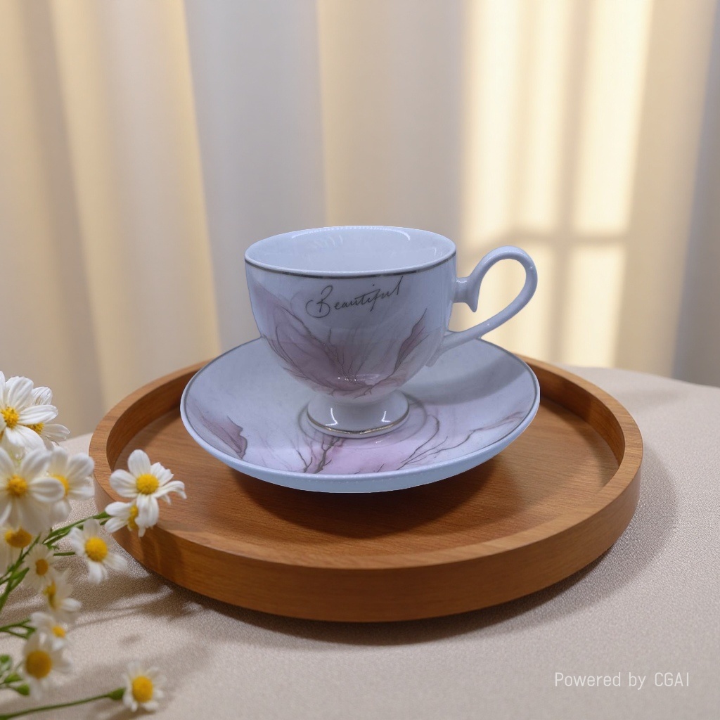 A white porcelain cup with a light purple floral plate, a ceramic tea cup with embossed words "Beautiful", and a wooden disc pose details Picture
