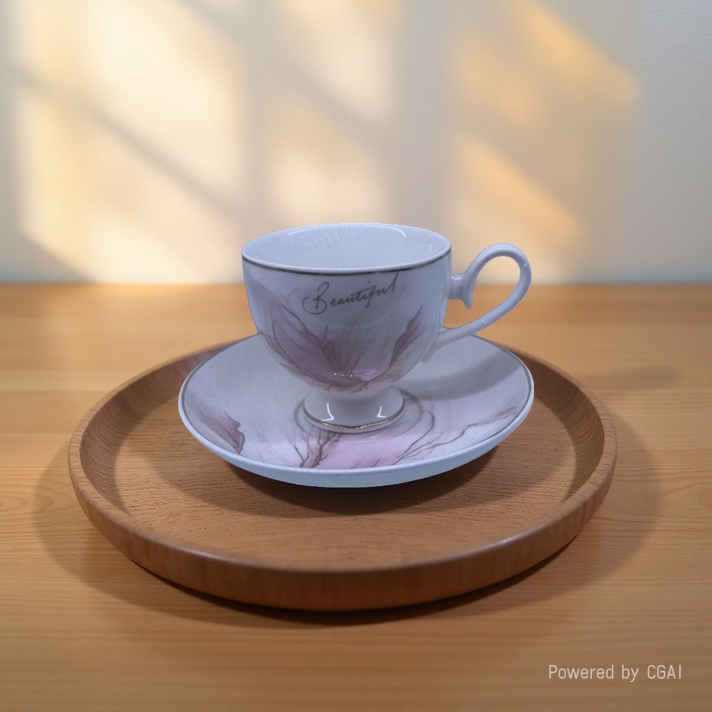 A white porcelain cup with a light purple floral plate, a ceramic tea cup with embossed words "Beautiful", and a wooden disc pose Application Scenario