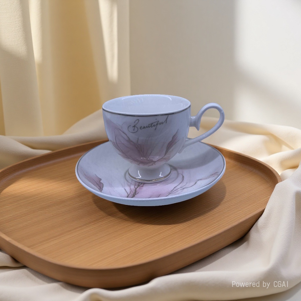 A white porcelain cup with a light purple floral plate, a ceramic tea cup with embossed words "Beautiful", and a wooden disc pose Specification image
