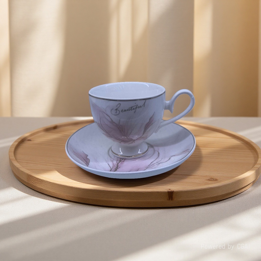 A white porcelain cup with a light purple floral plate, a ceramic tea cup with embossed words "Beautiful", and a wooden disc pose
