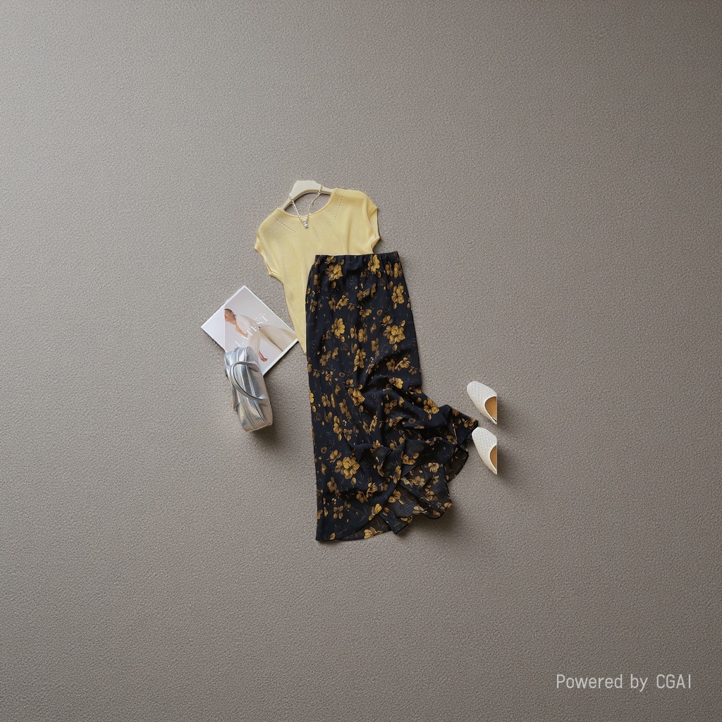 A new, thin, high-waisted, floral, mid-length, straight, body-hugging dress for women in summer. 101851740 details Picture