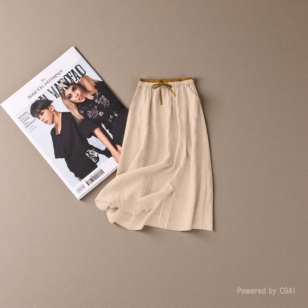 New cotton and linen mid-length women's skirt, loose and retro summer, high-waisted linen long skirt, artistic and casual. 105528674