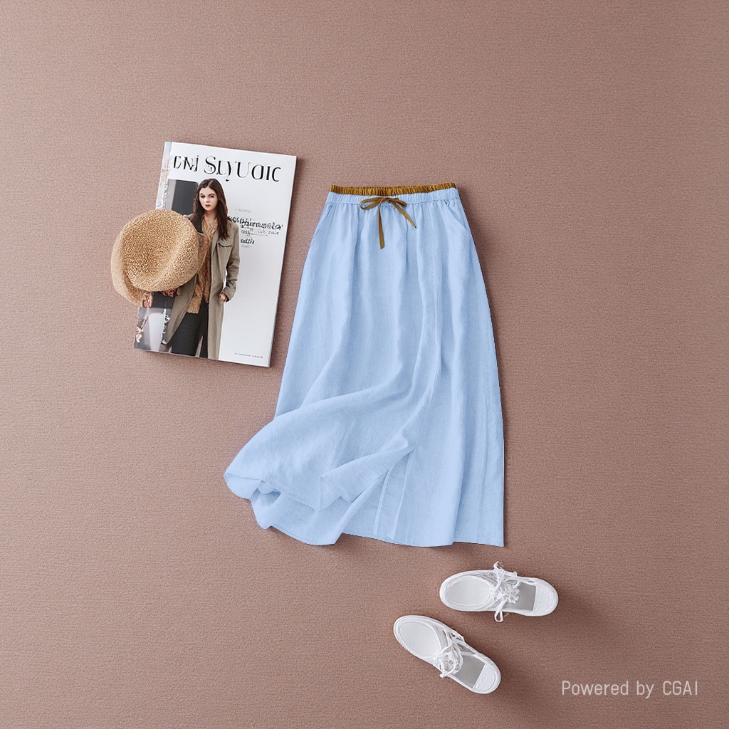 Light blue cinched-waist fairy-like women's dress, new cotton and linen half-length women's dress, loose and retro summer, mid-length high-waisted linen long dress, artistic and casual Specification image