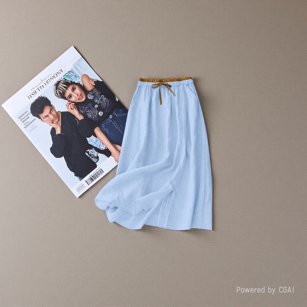 Light blue cinched-waist fairy-like women's dress, new cotton and linen half-length women's dress, loose and retro summer, mid-length high-waisted linen long dress, artistic and casual