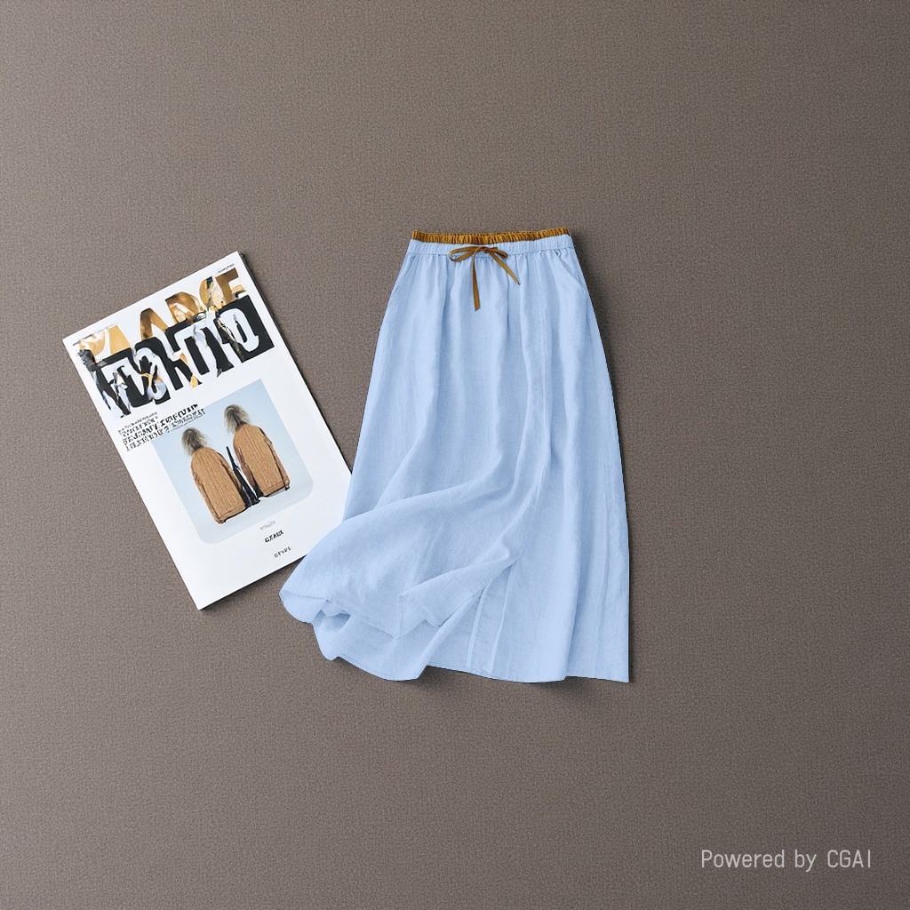 Light blue cinched-waist fairy-like women's dress, new cotton and linen half-length women's dress, loose and retro summer, mid-length high-waisted linen long dress, artistic and casual Application Scenario