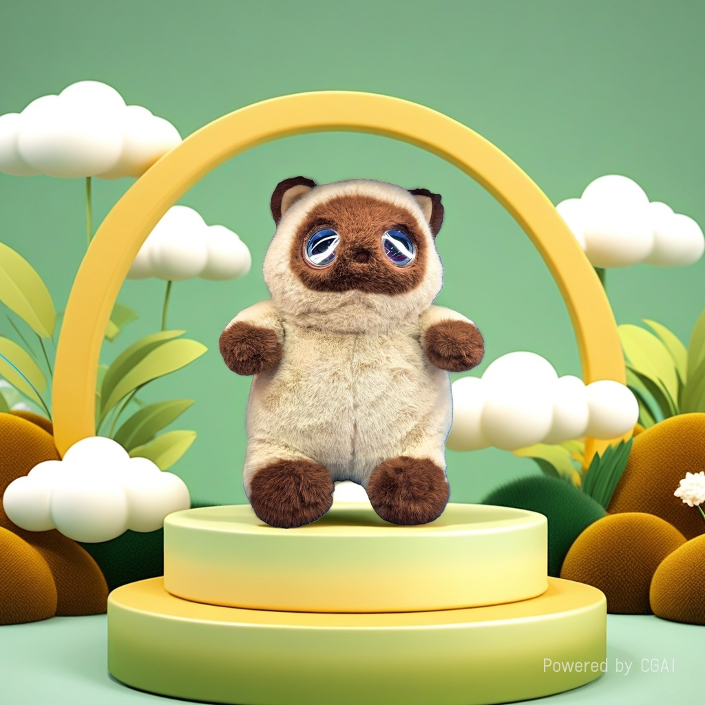 Brown and beige alternating sitting AI cat doll, big eyes, blue background, Easter bunny, panda details Picture