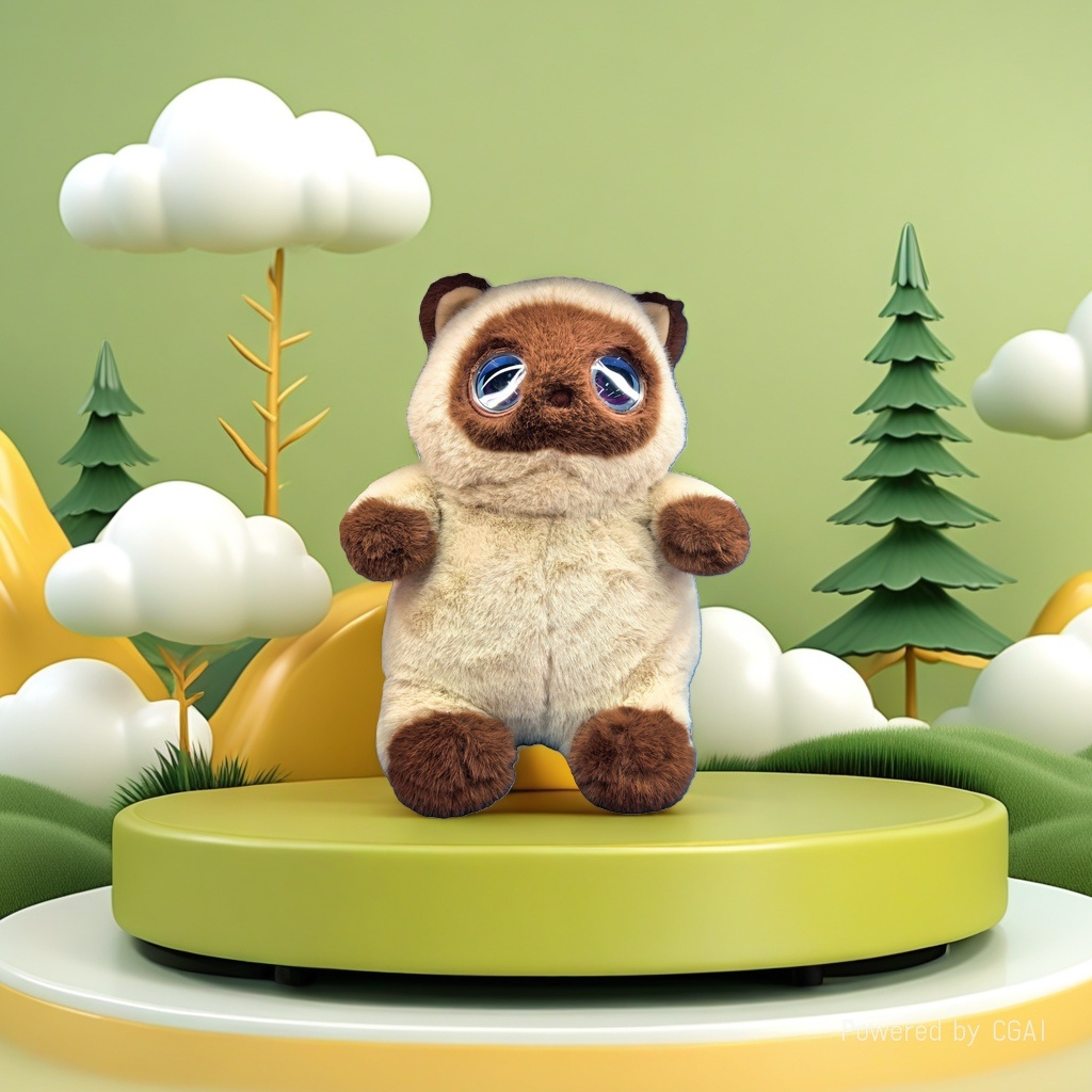 Brown and beige alternating sitting AI cat doll, big eyes, blue background, Easter bunny, panda