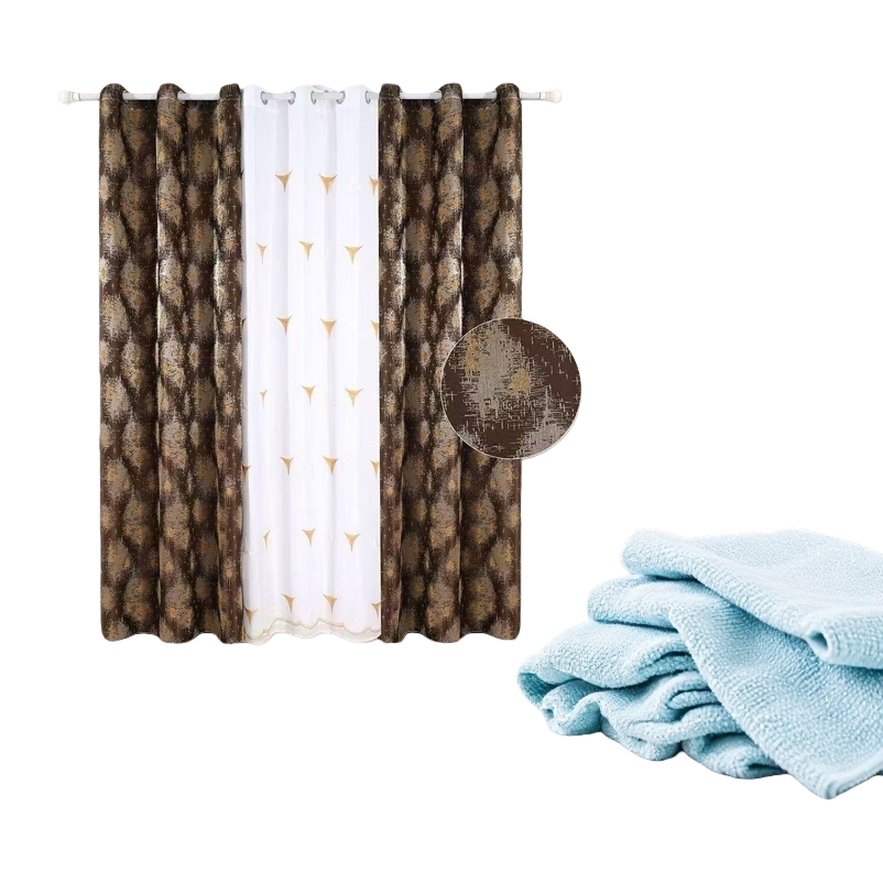 Brown and golden spotted semi-transparent linen finished curtains, bath curtain sets, automatic curtains Item Picture