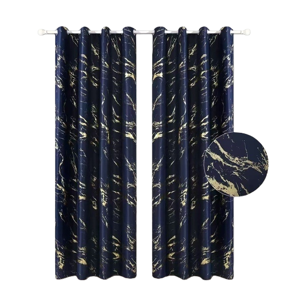 Deep blue gold pattern marble texture semi-transparent linen finished curtain bath curtain set Item Picture