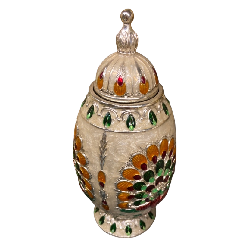 Silver glazed peacock pattern ceramic lid jar with relief hand-molded flower ceramic vase cup handicrafts Item Picture