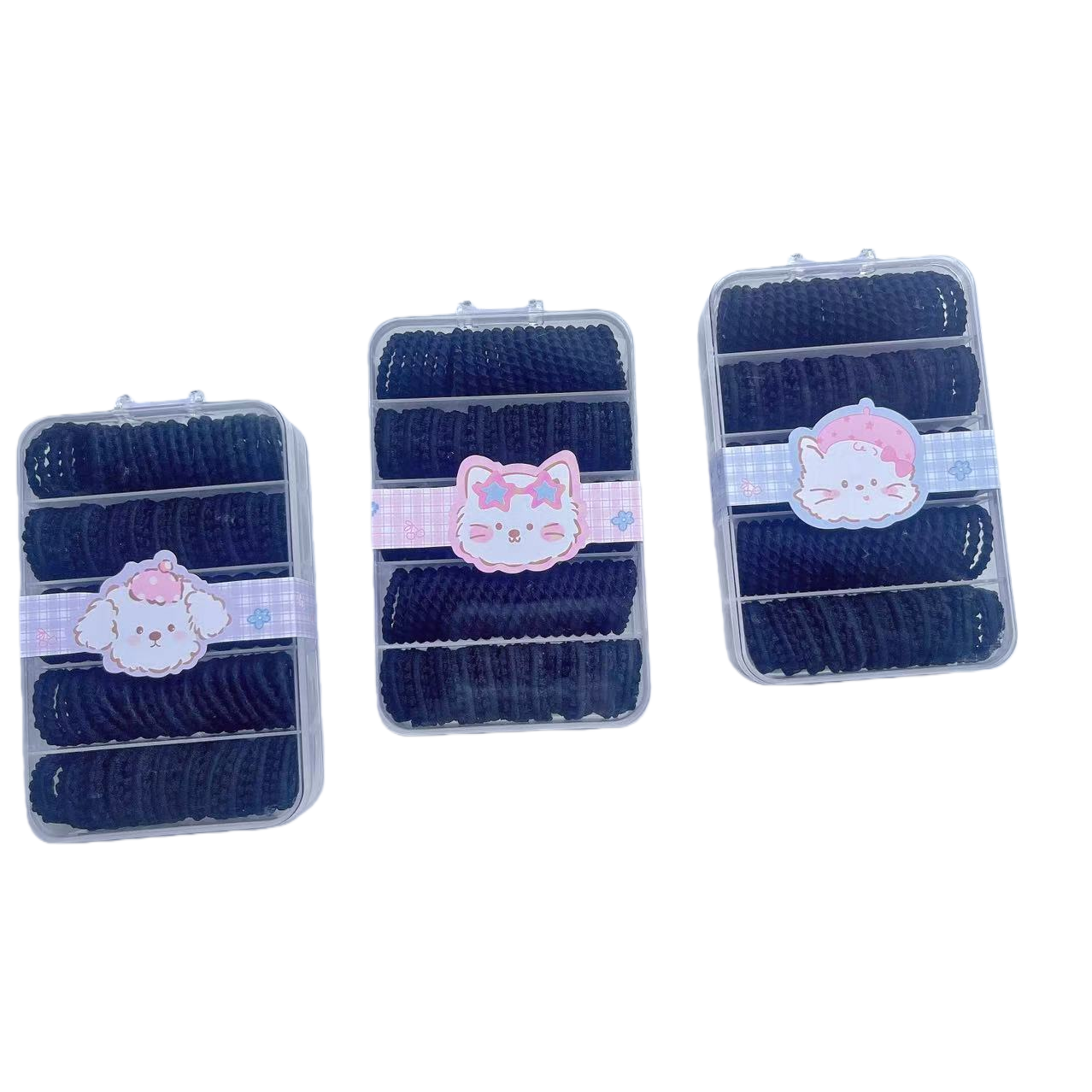 Cartoon dog and cat avatar transparent storage box with black hair bands for festivals Item Picture