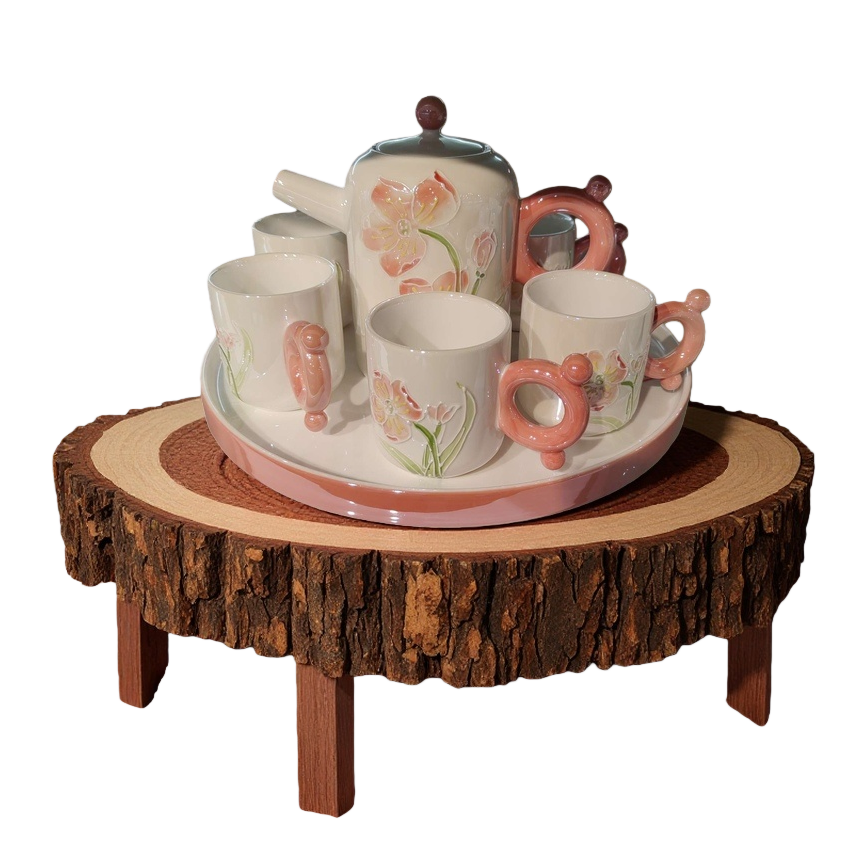 Set de té de cerámica en relieve floral rosa porcelana blanca sebo jade tetera con tazas de cerámica Item Picture