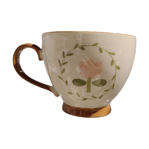 White ceramic teacup, pink flowers, green vine pattern, brown handle base with a shallow wooden tray Item Picture