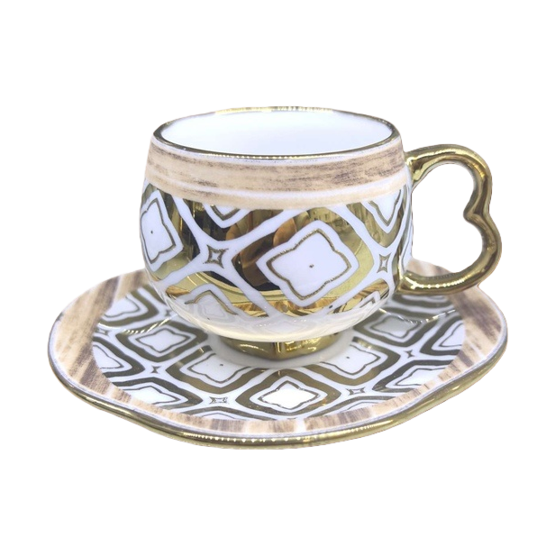 اغطية شاي خزفية مصنوعة من الازهار الذهبية، مع غلاية شاي من السيراميك ابيض مع اسطوانات Item Picture