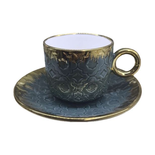 A portable hand-held coffee machine with blue and gold patterned coffee cups and saucers Item Picture