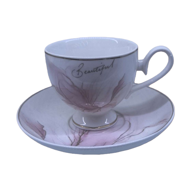 A white porcelain cup with a light purple floral plate, a ceramic tea cup with embossed words "Beautiful", and a wooden disc pose Item Picture