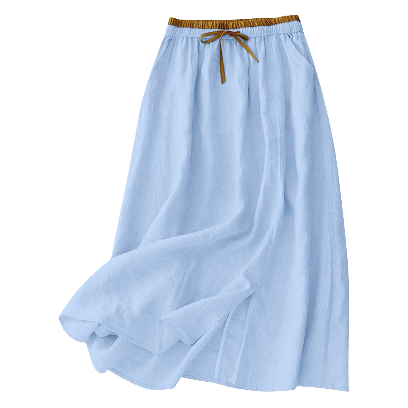 Light blue cinched-waist fairy-like women's dress, new cotton and linen half-length women's dress, loose and retro summer, mid-length high-waisted linen long dress, artistic and casual Item Picture