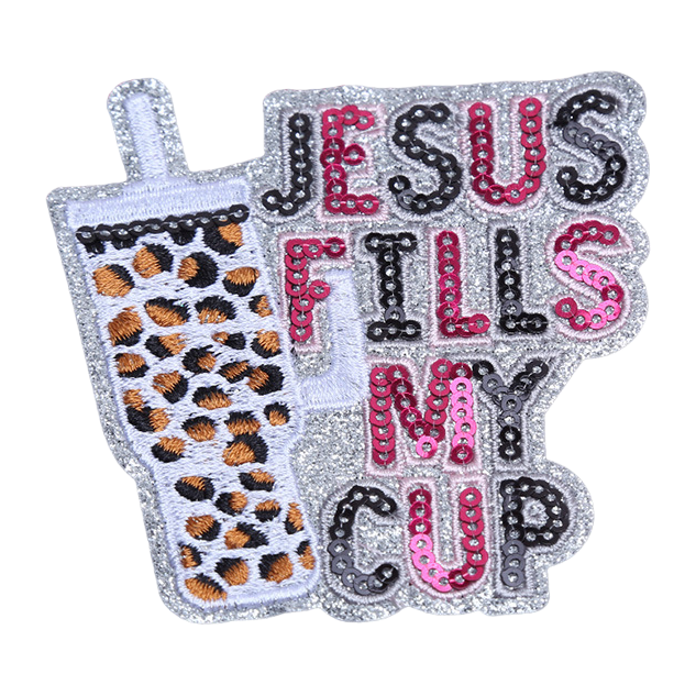 银色亮片刺绣玻璃 豹纹奶茶杯JESUS FILLS MY CUP