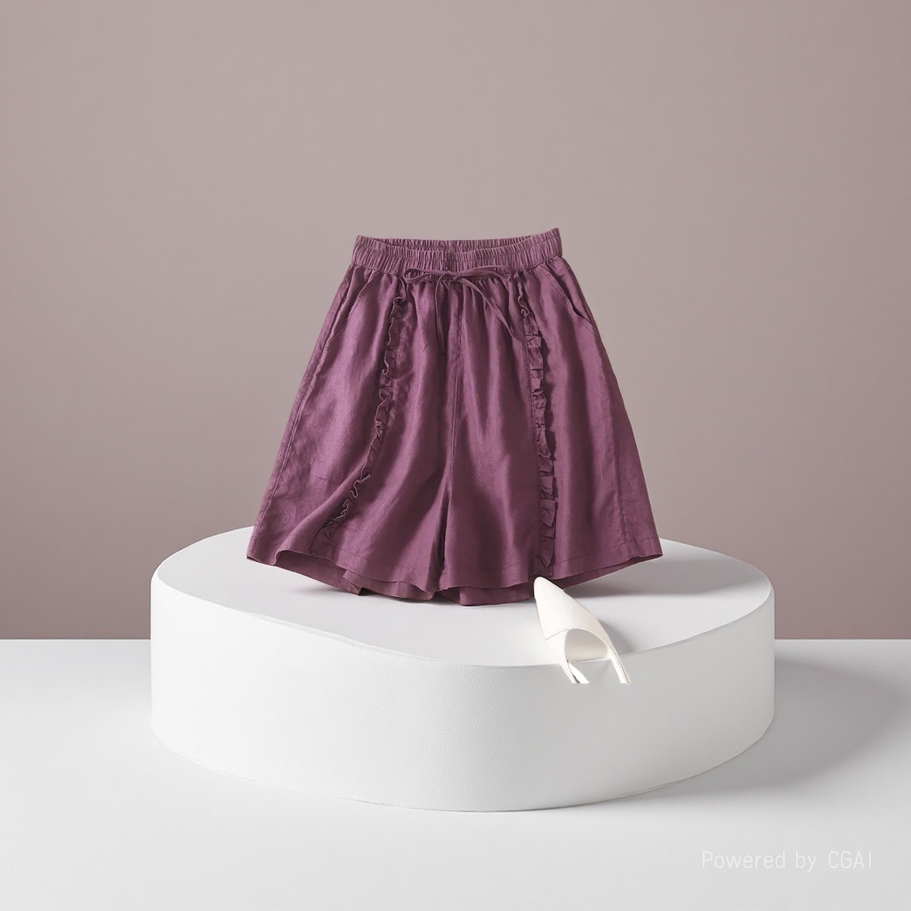 Purple cotton and linen shorts for women, 2026 summer new style, retro heavy industry, black ear-trimmed lace-up, elastic waist, loose casual wide-leg pants