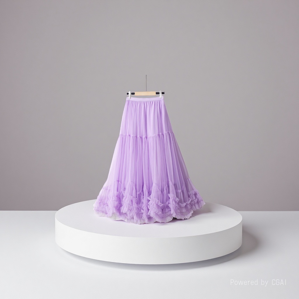 a stylish mesh skirt with a super large hem design, sweet black fungus lace A-line large hem, puffy skirt in purple