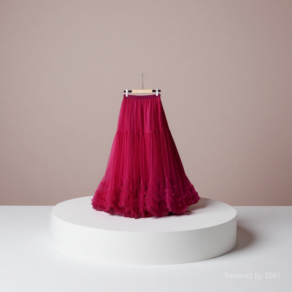 a bright red oversized hem design, fashionable mesh skirt, sweet black fungus lace A-line big hem puffy skirt