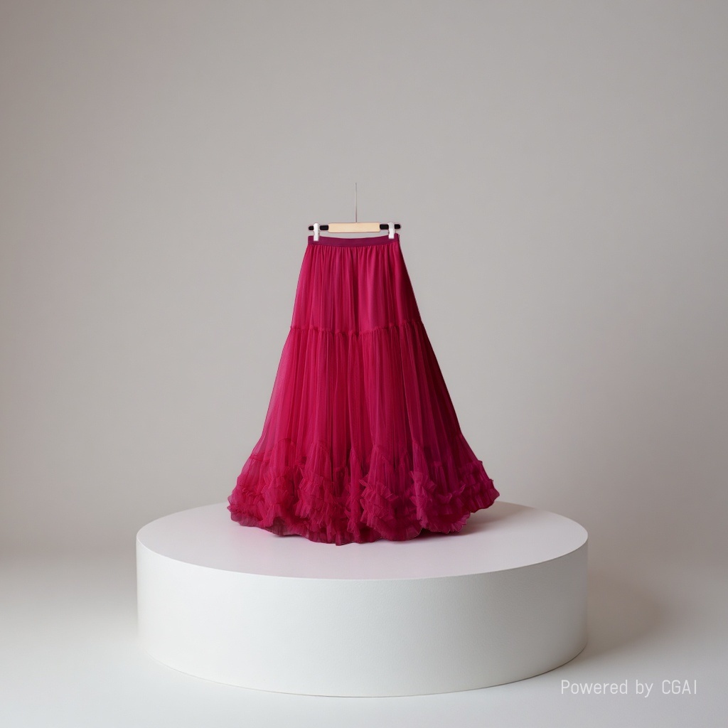 a bright red oversized hem design, fashionable mesh skirt, sweet black fungus lace A-line big hem puffy skirt details Picture
