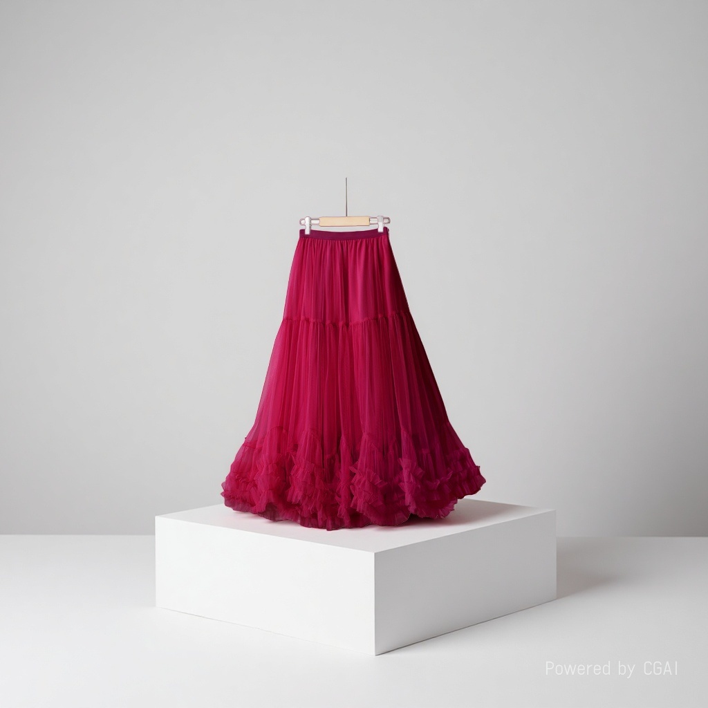 a bright red oversized hem design, fashionable mesh skirt, sweet black fungus lace A-line big hem puffy skirt Specification image