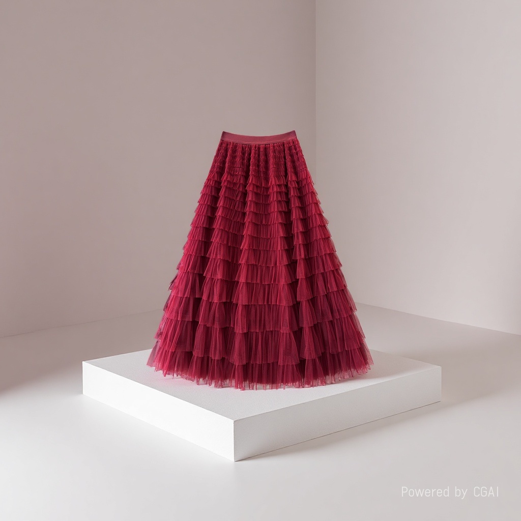Deep red gauze patchwork cake dress 2025 Spring/Summer Autumn/Winter new mid-length skirt, A-line long skirt, puffy gauze skirt Application Scenario