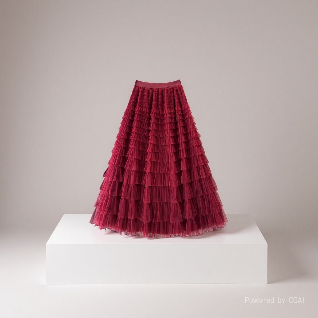 Deep red gauze patchwork cake dress 2025 Spring/Summer Autumn/Winter new mid-length skirt, A-line long skirt, puffy gauze skirt Specification image