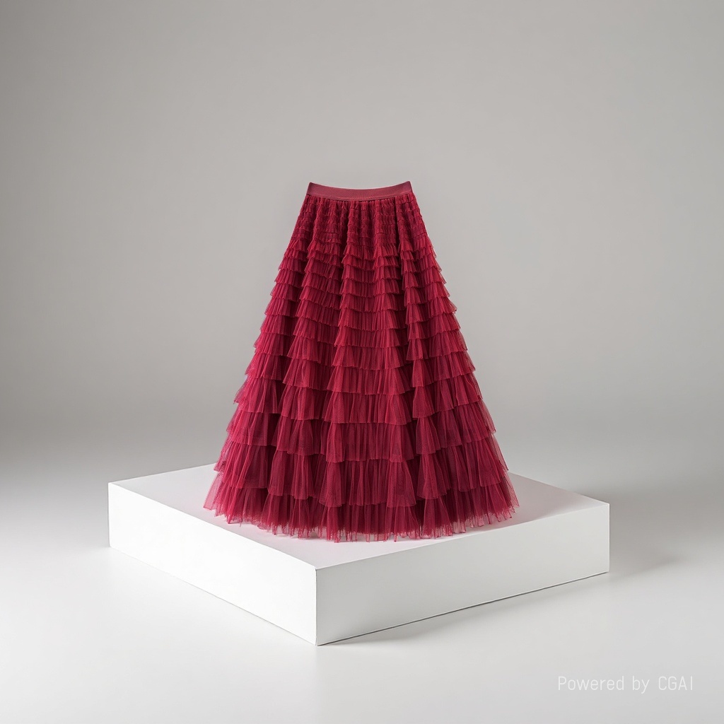 Deep red gauze patchwork cake dress 2025 Spring/Summer Autumn/Winter new mid-length skirt, A-line long skirt, puffy gauze skirt details Picture