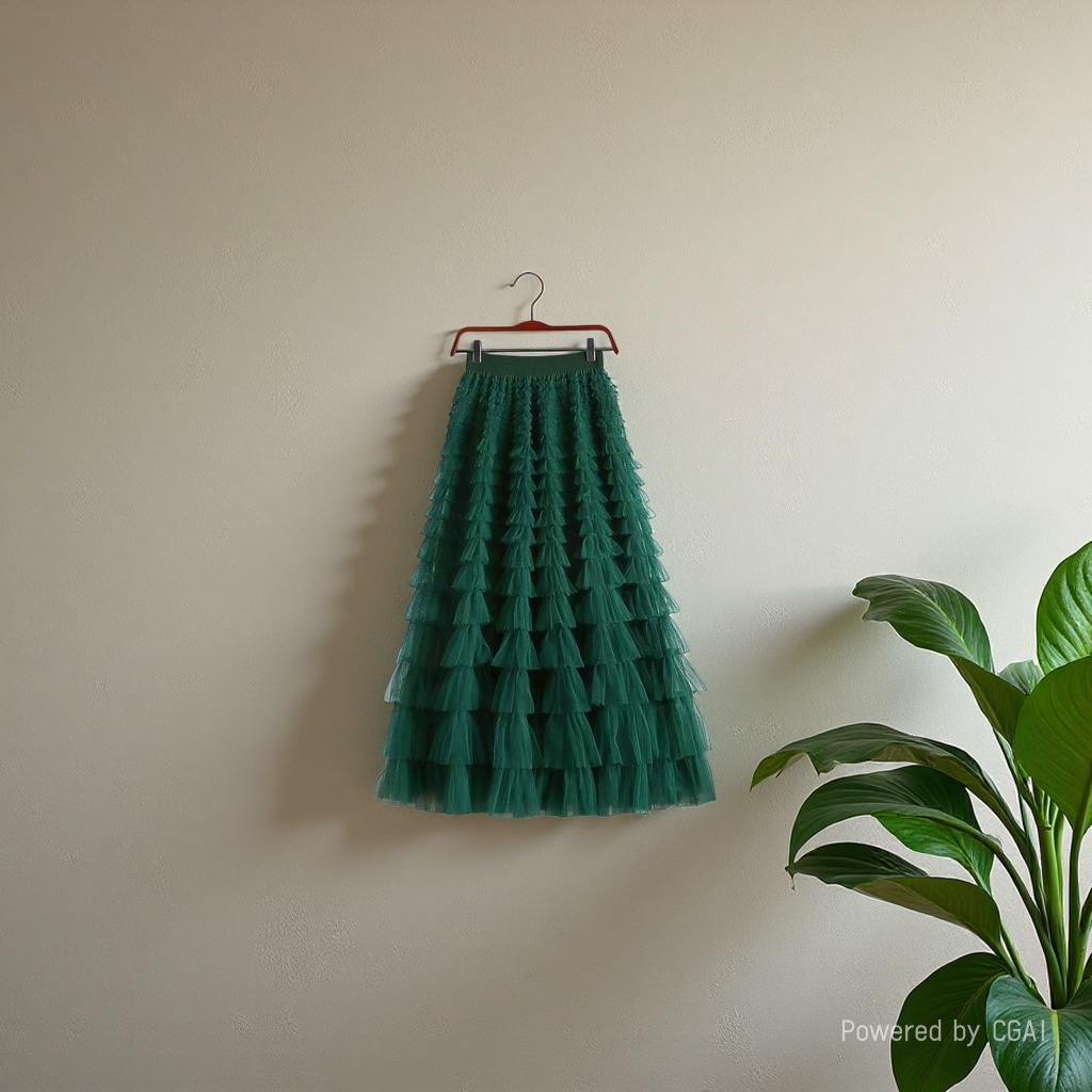 Mesh patchwork cake dress 2025 Spring/Summer Autumn/Winter new mid-length skirt, A-line long skirt, puffy gauze skirt, green Specification image