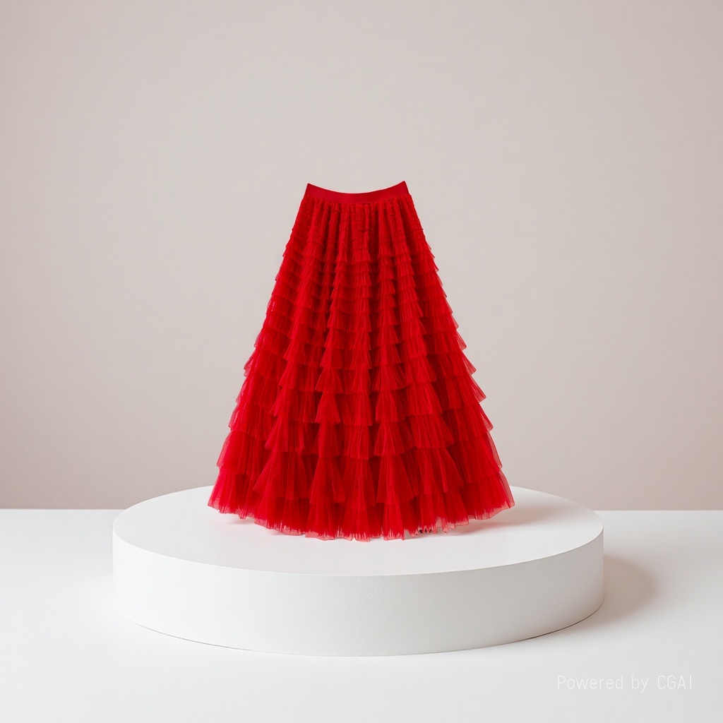 Mesh patchwork cake dress 2025 Spring/Summer Autumn/Winter new mid-length skirt, A-line long skirt, puffy gauze skirt, red details Picture