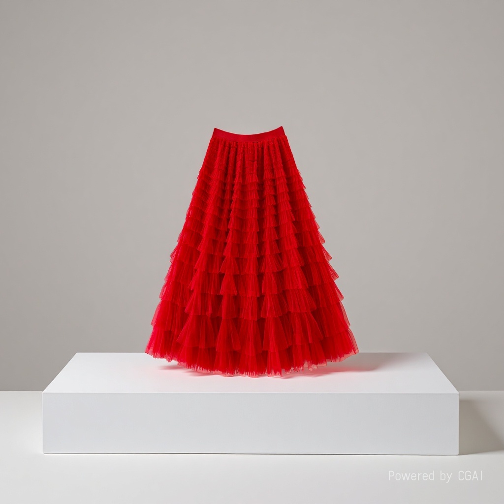 Mesh patchwork cake dress 2025 Spring/Summer Autumn/Winter new mid-length skirt, A-line long skirt, puffy gauze skirt, red Specification image